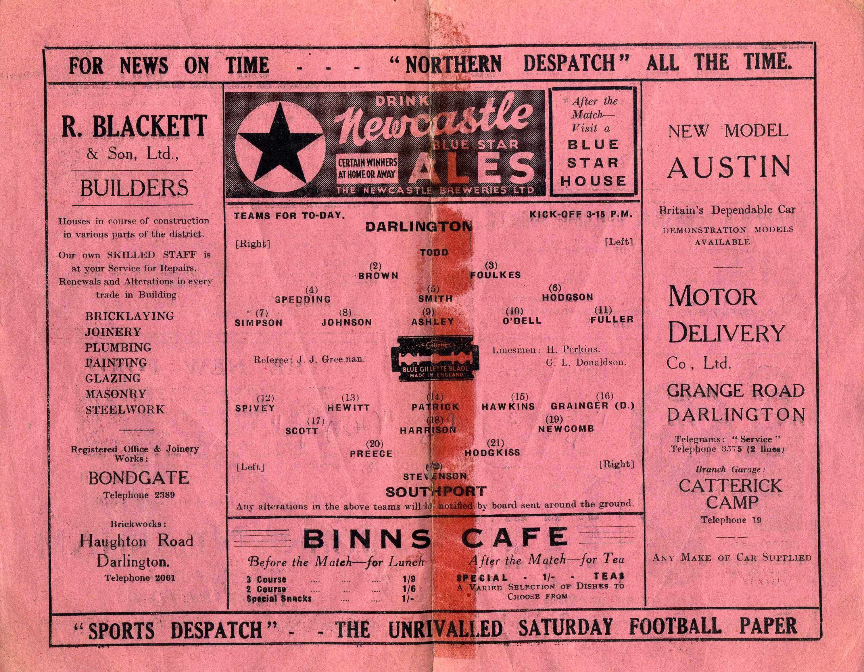 Programme Memory Match August 1939 - News - Darlington Football Club