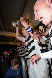 Heritage Park, Bishop Auckland  -  Northern League Div 1:  Darlington v Guisborough.  The players lift the trophy - Capt Gary Brown with cup. Pic: Chris Booth       01/05/13
