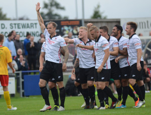 Alan White celebrates after scoring against Blyth