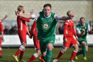 Nathan Cartman celebrates his winner at Scarborough.