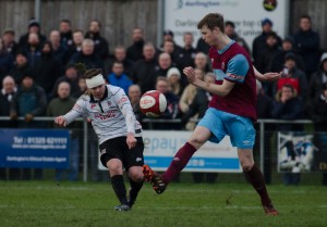 Nathan Cartman shoots towards goal v Colwyn Bay