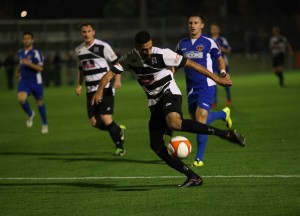 Amar Puerwal scores Darlington's second goal against Harrogate at Bishop Auckland last night. Picture: ANDY LAMB