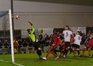 Nathan Cartman heads the second goal against Buxton