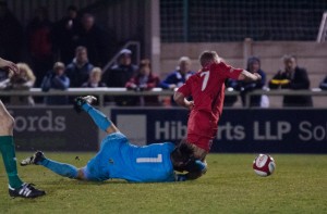 Tom Portas is felled in the box by Nantwich keeper Terry Smith (1 of 1)