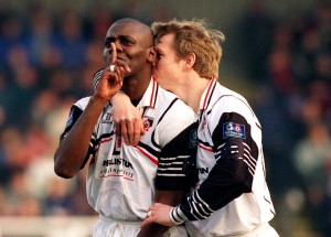 Gary Bennett being congratulated by Marco Gabbiadini after scoring against Hartlepool