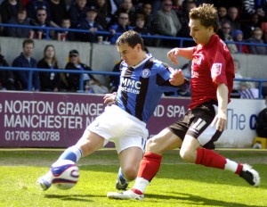 Rochdale AFC v Darlington Rochdales Adam Rundle battles Rob Purdie