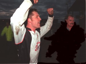 Robbie Painter celebrates after the play off semi win over Hereford.