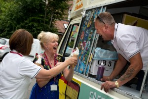 (From left) St Teresa’s Hospice colleagues Gillian Bland, Physiotherapist and Therapy Manager, and Family Support and Bereavement Worker Julie Baker receive their free ice creams.