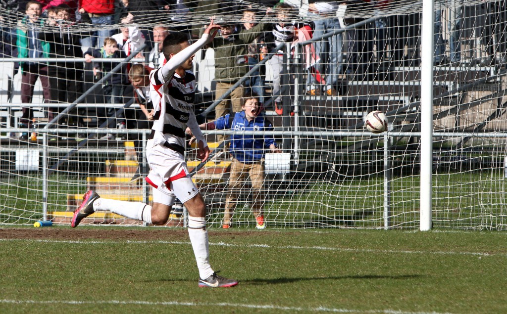 Amar Purewal celebrates the goal against Team Northumbria that clinched promotion from the Northern League