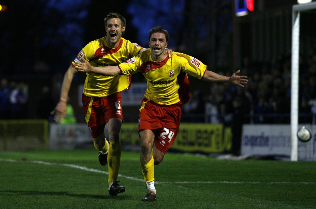 Spotland, Rochdale  -  Coca Cola league 2:  Rochdale V Darlington.  Nathan Mulligan (right) celebrates scoring for Darlington in the first half.