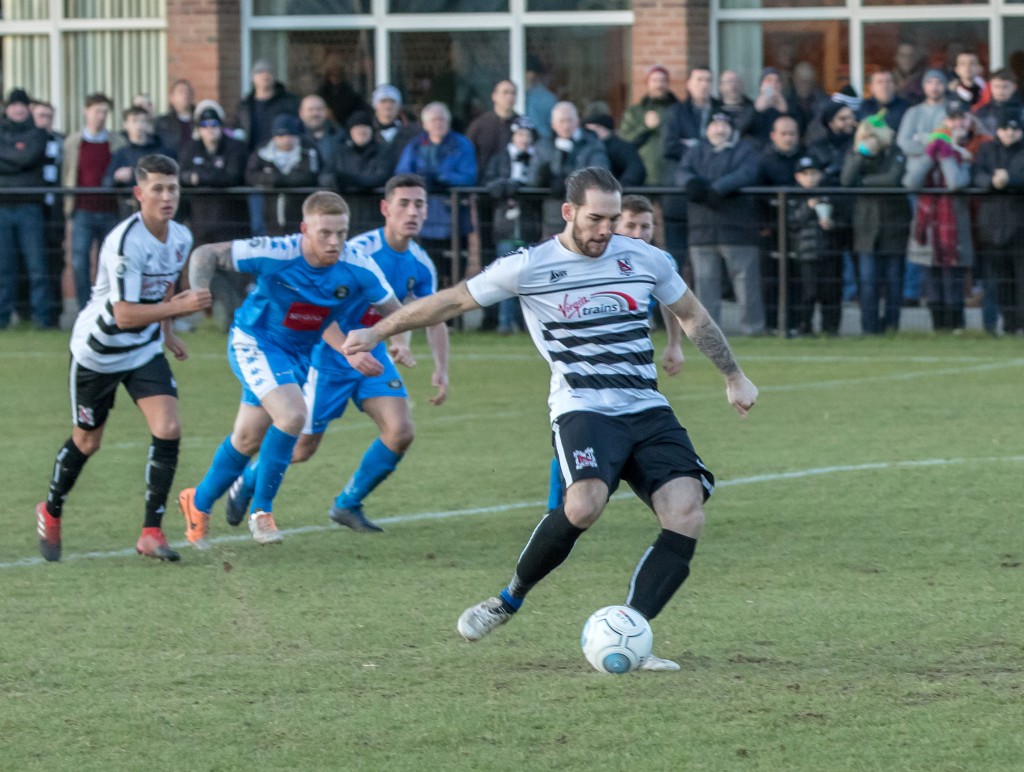 Reece Styche scores from the spot v Harrogate in the legaue