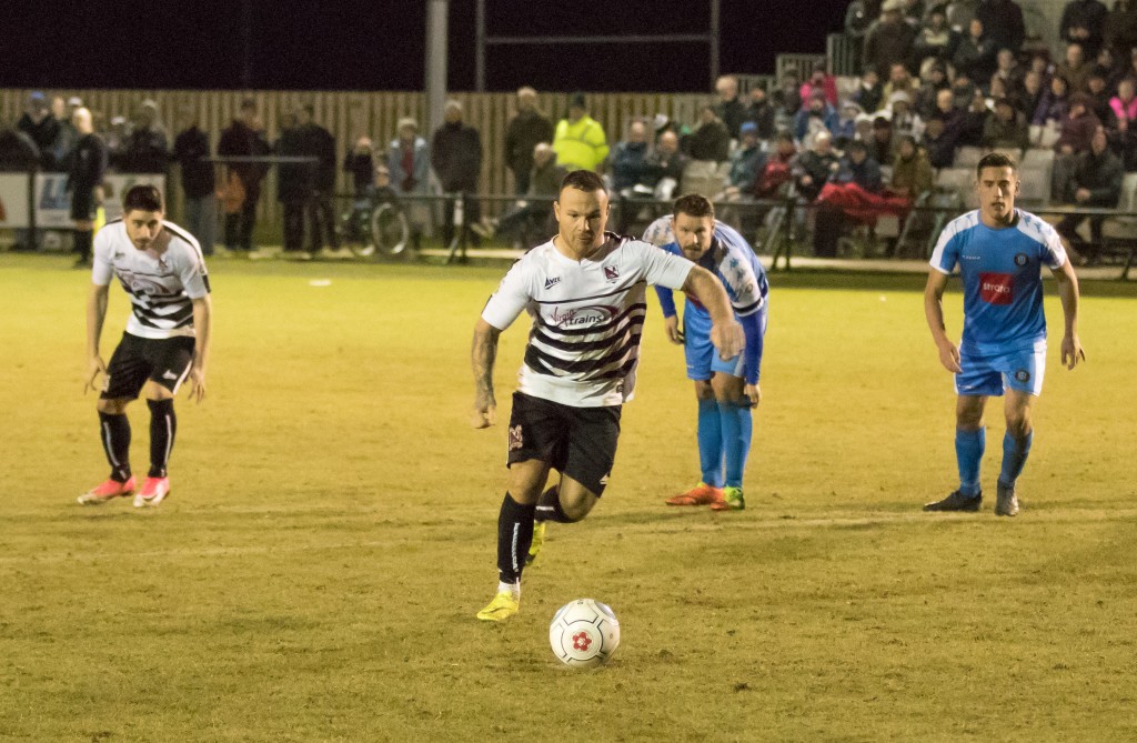 Stephen Thompson about to take the penalty v Harrogate League