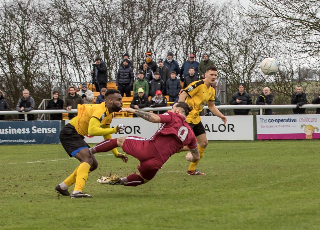 Reece Styche is fouled for the penalty at Leamington