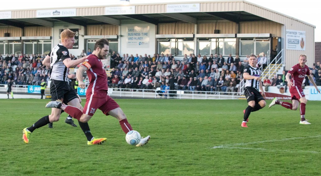 Reece  Styche shoots and scores at Spennymoor