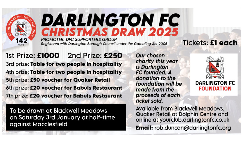 Buy your tickets for the Darlington FC Christmas Draw 2025!